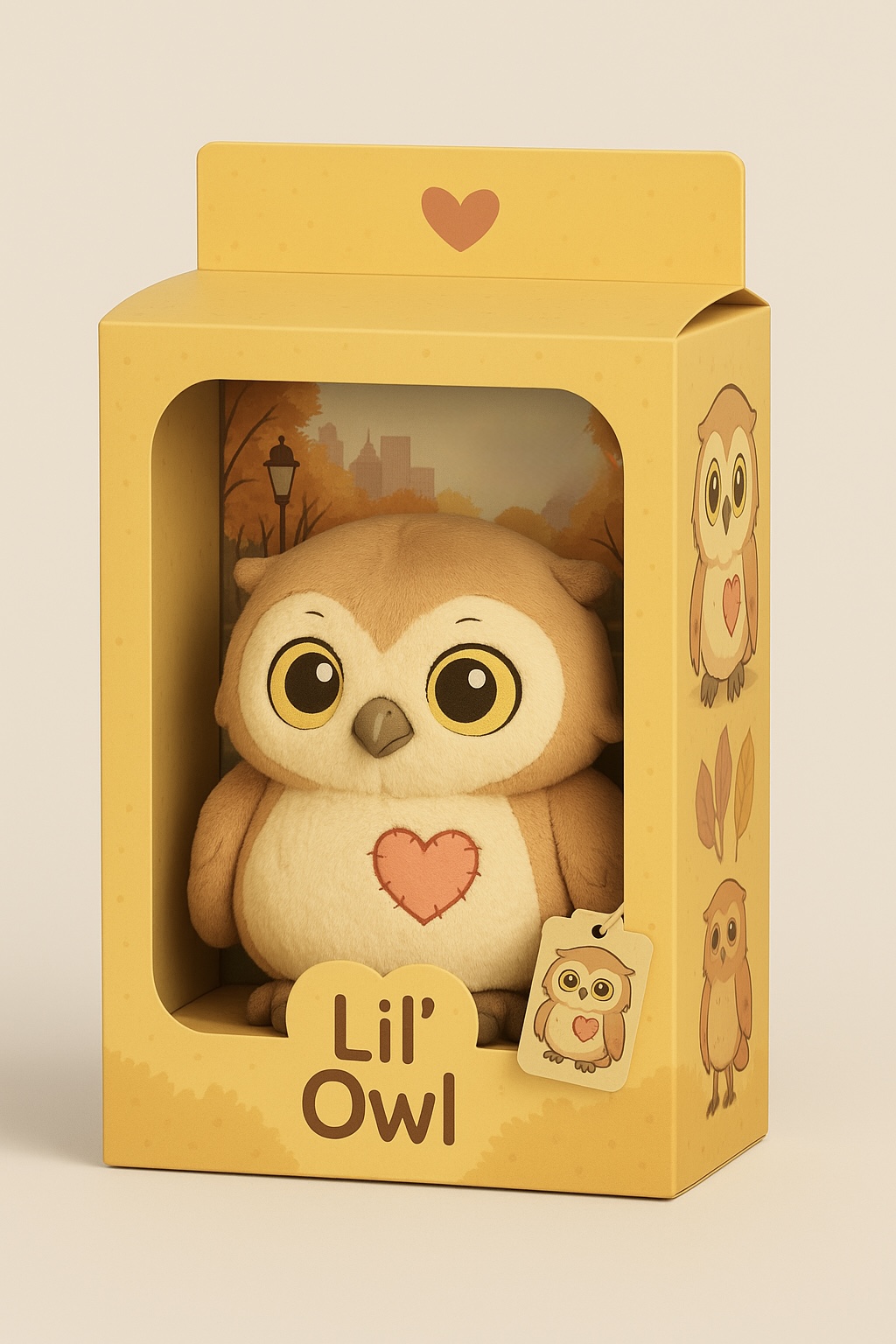 Lil’ Owl stitched-heart plush presented in its yellow gift box