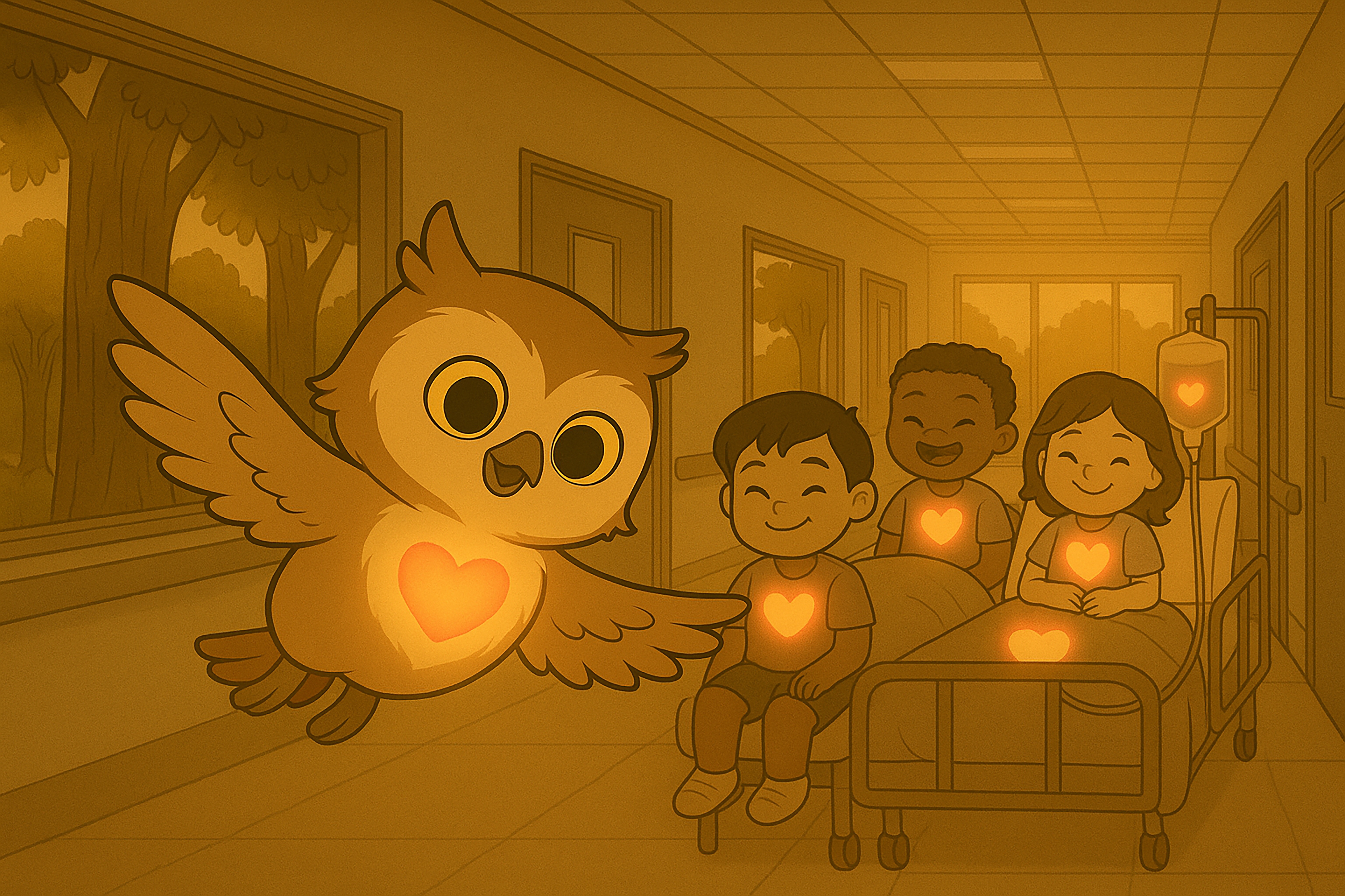 Lil’ Owl flying through a hospital hallway as children’s hearts glow